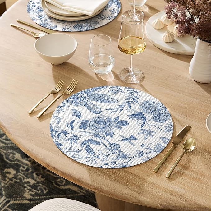 Artoid Mode Blue Floral Vinyl Round Spring Placemats Set of 4, Washable Heat Resistant Non-Slip Woven Summer Plastic PVC Place Mats for Farmhouse Party Kitchen Dining Decor