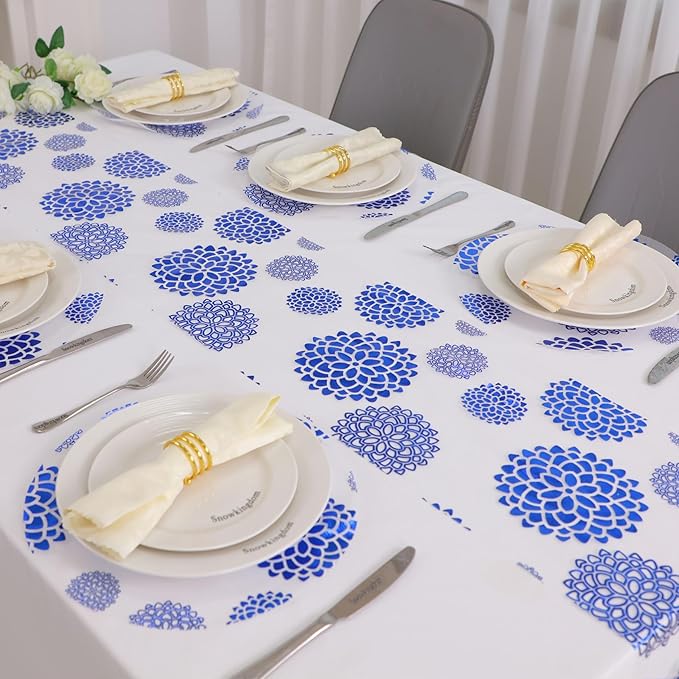 Snowkingdom Blue Dahlia Flowers Table Runner,Glitter Thin Foil Blue and White Dahlia Flowers Mesh Table Runner 11x120 Inch,Kitchen Dining Table Decor for Party Wedding Bridal Birthday Shower