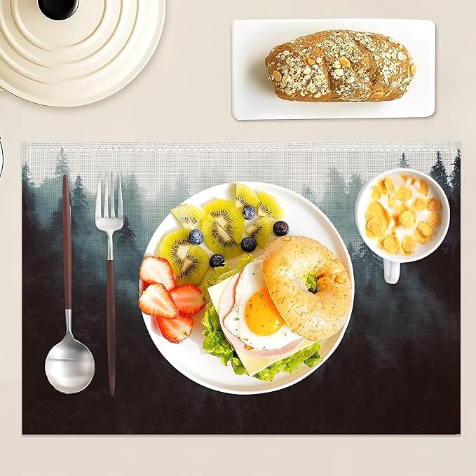 Placemats Set of 6 Linen Washable Kitchen Dining Misty Forest Table Mats Stain Heat-Resistant Desktop Décor Place Mats for Home Party Indoor 12x18 in