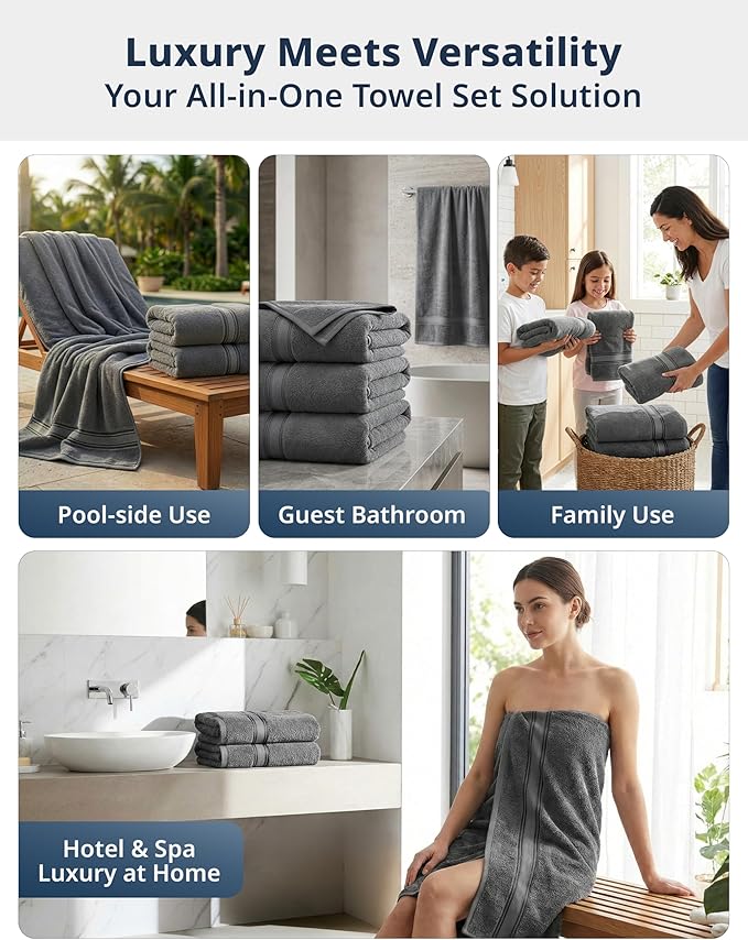 LANE LINEN Large Bath Towels - Zero Twist Cotton Construction - Set of 4 (35" x 66") Oversized Bath Towel Sets - Fade Resistant, Quick Dry & Fluffy - Instantly upgrade your bathroom decor - Space Grey