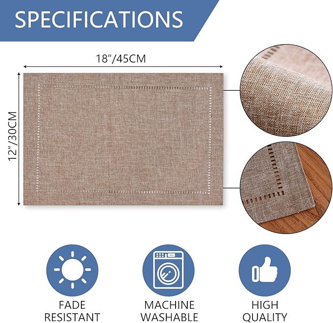 Tosewever Set of 4 Decorative Linen Placemats 12 x 18 Inches, Farmhouse Style Table Mats for Everyday Dining Wedding Party Holiday Home Decor (4 Pieces 12 x 18”, Light Coffee/Straight)