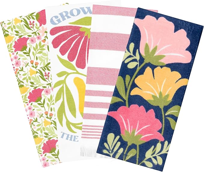 Ritz 100% Cotton Kitchen Towels, Floral Tulips Spring – 16"x26" – Absorbent Dish Towels for Drying & Cleaning – Soft & Durable (Set of 4)