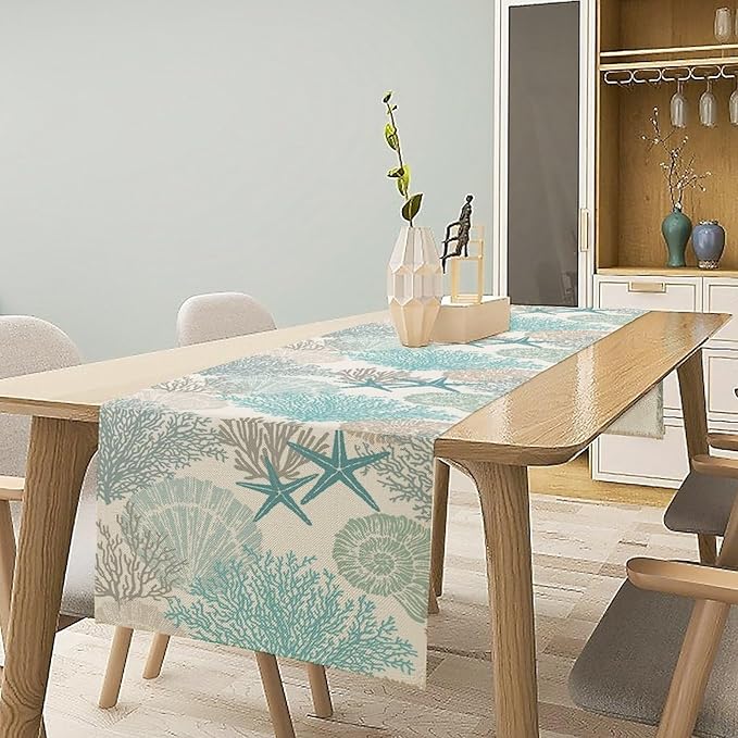 Nautical Coastal Table Runners Ocean Beach Coral Table Runners for Dining Room Starfish Blue Teal Dinner Runner Kitchen Indoor Outdoor Patio Party Decor Fabric 1 Panel W13xL108in