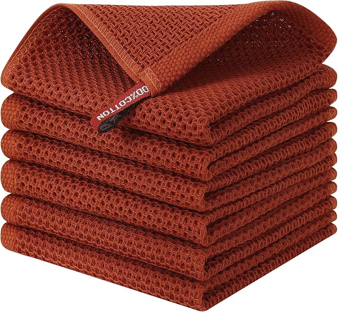 Kitinjoy 100% Cotton Kitchen Dish Cloths (12 X 12 Inches, Rust), 6 Pack Waffle Weave Ultra Soft Absorbent Dish Towels for Drying Dishes Quick Drying Kitchen Towels Dish Rags