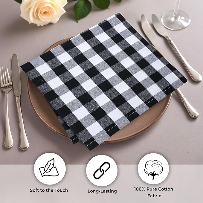 Urban Villa Cotton Dinner Napkins Set of 6, Highly Absorbent 20x20 Inches Premium Cloth Napkins Hotel Quality Reusable & Washable Table Dinner Napkins For Home & Weddings - Black/White, Buffalo Checks