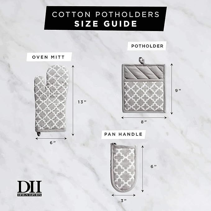 DII Quilted Kitchen Oven Mitt & Potholder Set, Hanging Loop for Convenient Storage, OM 6.5x12/PH 8x8.5, Gray Damask Print, 2 Piece