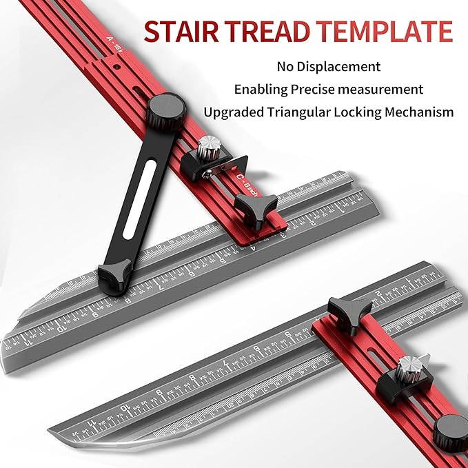 TANYO Stair Tread Template Tool, 8-72 Inches Aluminum Alloy Stair Measuring Tool Jig, Stair Tread Tool Jig with Triangular Structure Brace and Edge Stops, Stair Gauge Jig for Stairs, Floor, Cabinets