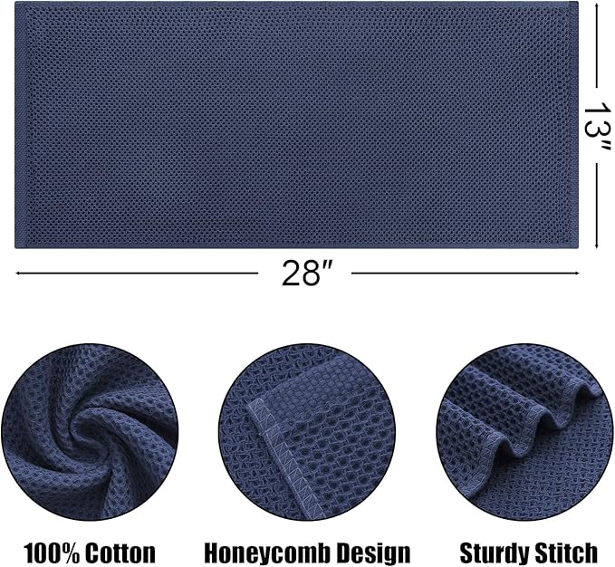 Kitinjoy 100% Cotton Waffle Weave Kitchen Hand Towels (13 x 28 Inches, Navy Blue), 8-Pack Super Soft and Absorbent Dish Towels for Drying Dishes