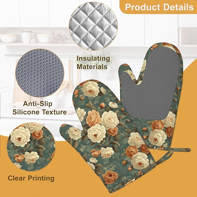 Vintage Rose Flower Oven Mitts and Pot Holders Set of 4,Retro Floral Kitchen Glove Heat Resistant Oven Mitts with Non-Slip Silicone for Baking, Cooking, BBQ