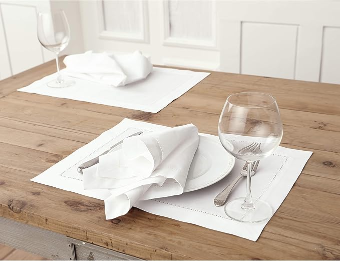 Solino Home White Napkins Set of 6 - Cotton Linen Hemstitch Dinner Napkins Cloth 20 x 20 Inch for Mothers Day, Spring, Summer, Memorial Day - Handcrafted and Machine Washable