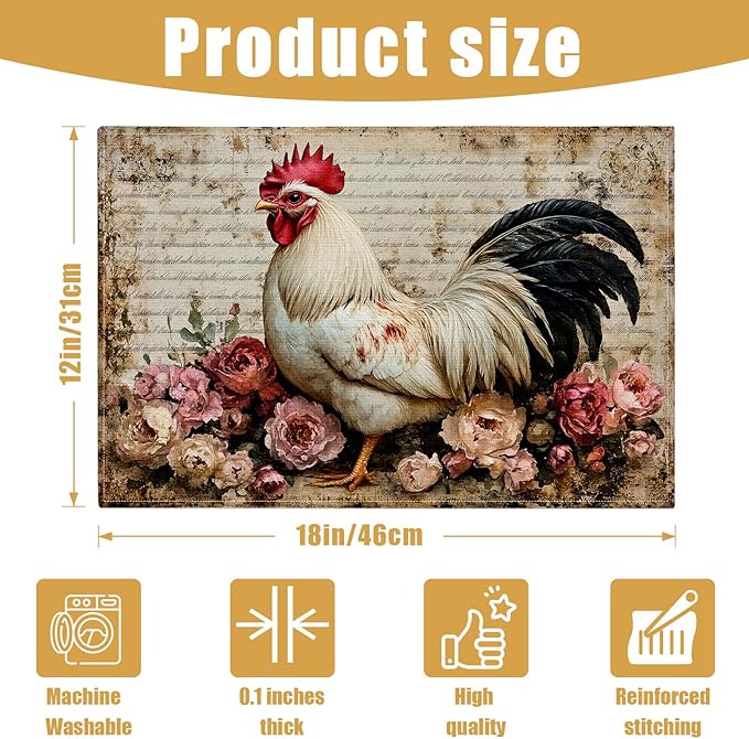 Vintage Rooster Floral Placemats Set of 6, Farmhouse Chicken Linen Place Mat Washable Stain Resistant Table Mats for Seasonal Kitchen Dining 12x18 Inch