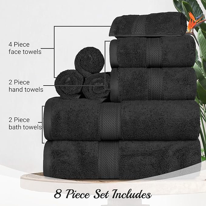 Superior Egyptian Cotton 8-Piece Solid Towel Set, Washcloths 13” x 13”, Hand Towels 20” x 30”, Bath Towels 30” x 55”, Black, 8-Pieces by Superior