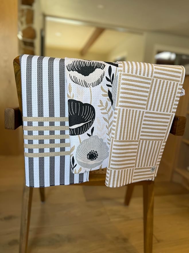 || 3 Pack Double Sided || Kitchen Towels || Dish Towels || Highly Absorbent || Hanging Loop || Dish Cloths || Modern || Designer Prints (Tan/Gray)