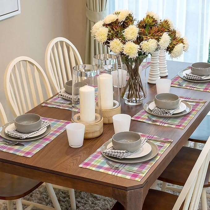 Easter Checkered Placemats Set of 4 Spring Colorful Buffalo Plaid Decor Place Mats 12x18 Inch Gingham Holiday Linen Table Mats for Home Kitchen Dining Party Table Decoration