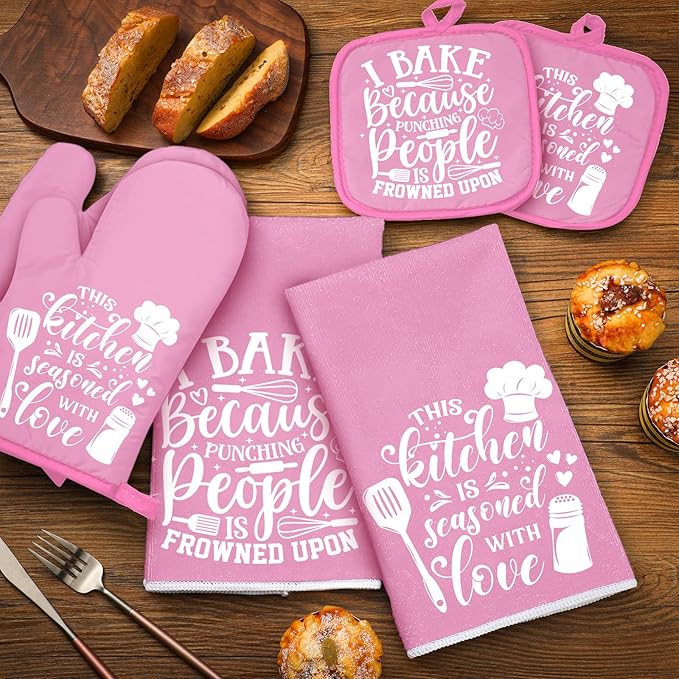 Sratte 6 Pcs Kitchen Decor Accessories Set Farmhouse Towels Pot Holders Oven Mitts Set 2 Dish Towels 2 Potholders 2 Cooking Mittens Oven Glove for Baking Cooking(Light Pink,Kitchen)