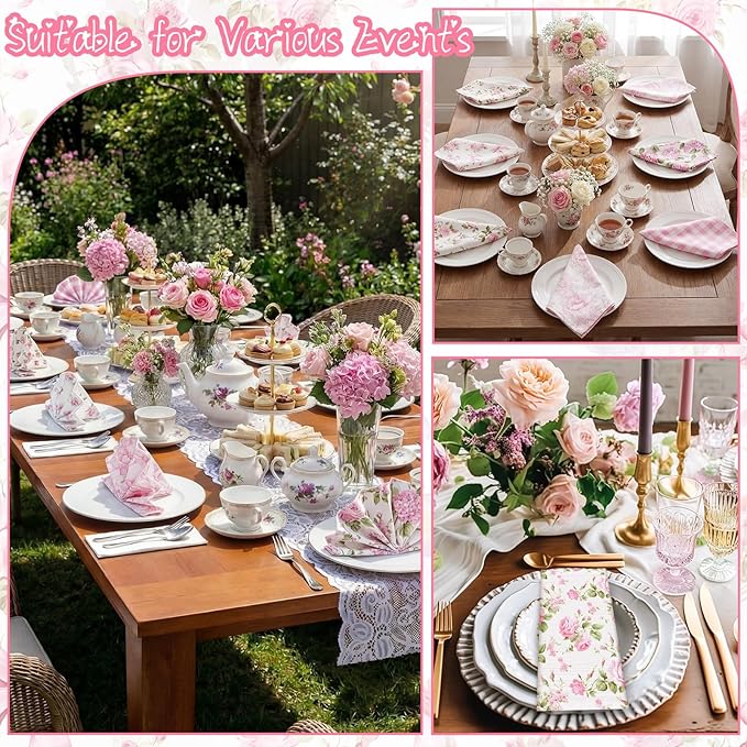 Floral Cloth Napkins 6 Patterns Washable Dinner Tea Party Napkins Reusable Plant Flowers Square Napkin Cotton Towel Decorative for Spring Wildflower Party(Bow Hydrangea,24 Pcs)