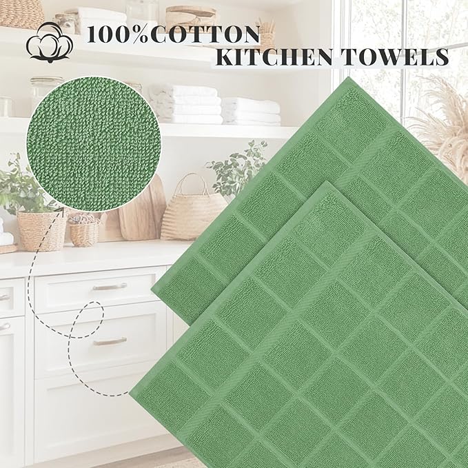 Homaxy Premium Kitchen Towels 18"x28", 6 Pack Large Cotton 380 GSM Dish Towels, Soft and Absorbent Kitchen Hand Towels with Terry Grid Design, Utility Tea Towel Set with Hanging Loop, Grass Green