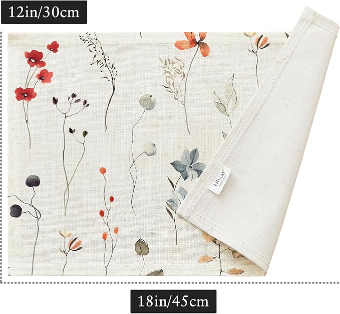 LilyCat Linen Fabric Floral Placemats, Waterproof Durable Boho Dining Table Mats for Kitchen, Rustic Vintage Washable Place Mats Set of 4, 18’’× 12’’