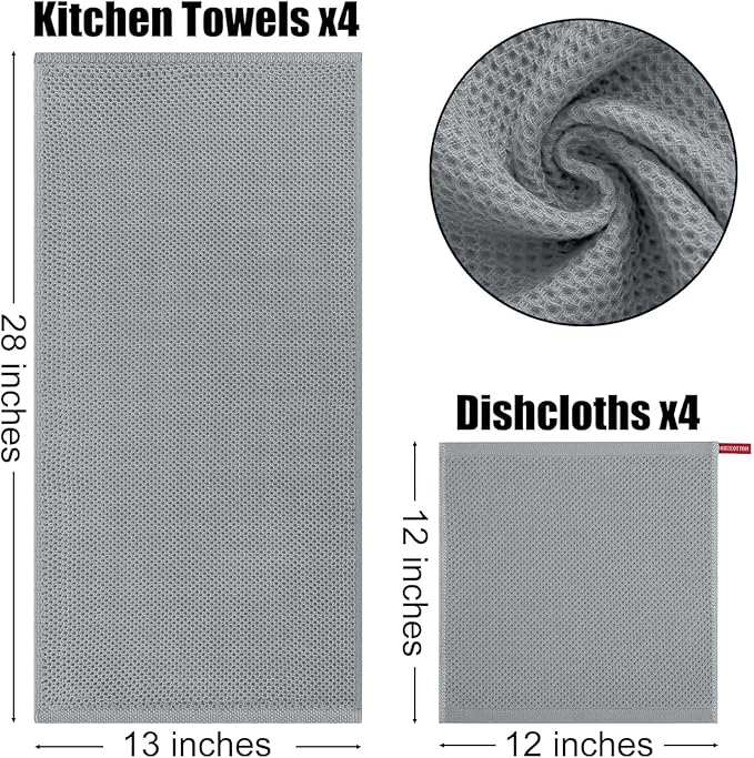 Kitinjoy 100% Cotton Kitchen Towels and Dishcloths Set, 8 Pack-13" x 28" and 12" x 12" Waffle Weave Dish Towels, Ultra Soft Absorbent Quick Drying Dish Rags, Grey