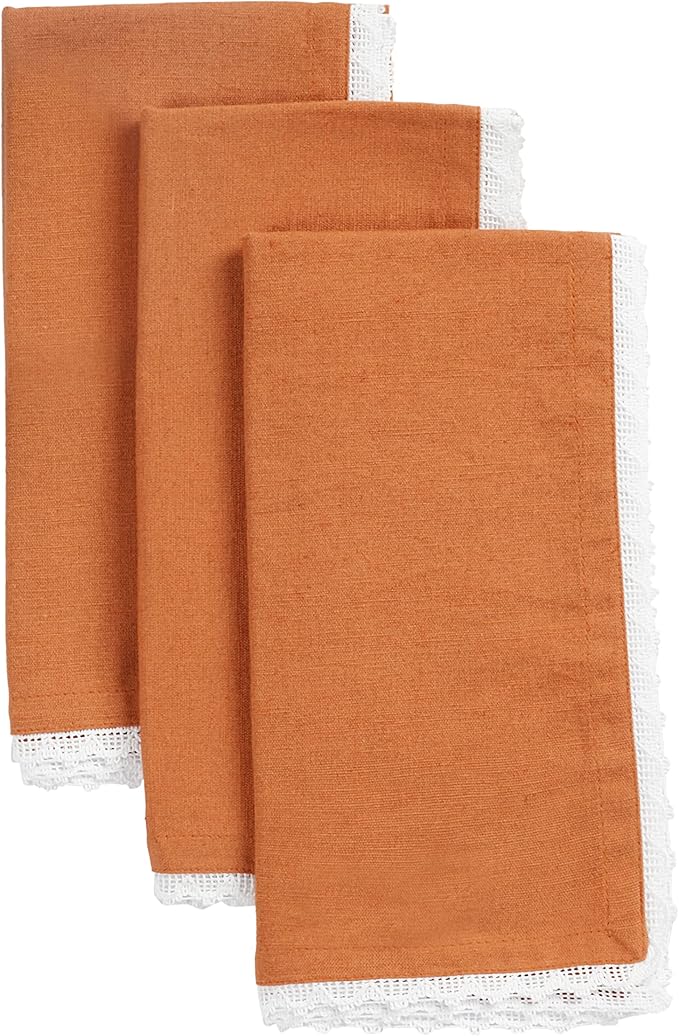 NATURALCRAFT 20X20 inch Oversized cloth Napkins Cotton linen 12 Pack Premium Quality Mitered Corners With Elegant Lace for Everyday Use Napkins are Pre Shrunk And Good Absorbency With Lace (RUST LACE)