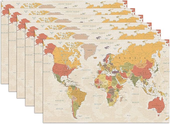 World Map Placemats Set of 6, Linen Place Mat Washable Stain Resistant Table Mats for Farmhouse Kitchen Dining Holiday Party Wedding Decor 12x18 Inch