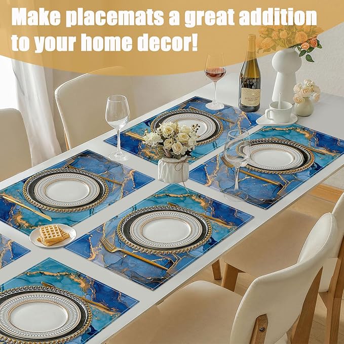 Blue Gold Marble Placemats Set of 6, Linen Place Mat Washable Stain Resistant Table Mats for Farmhouse Kitchen Dining Party Wedding Decor 12x18 Inch
