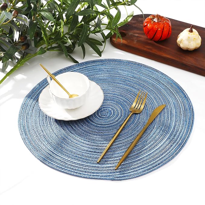 SHACOS Round Braided Placemats Set of 8 Circle Place Mats Cotton Polyester Kitchen Table Mats for Dining Table Wedding Party Decor (Blue Gray, 8)