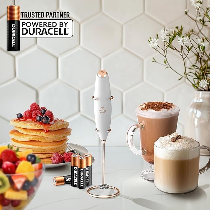 Zulay Kitchen Powerful Milk Frother Wand With 4 AA Duracell Batteries - Ultra Fast Handheld Drink Mixer - Electric Whisk Foam Maker for Coffee, Lattes, Cappuccino, Matcha & Creamer - White & Rose Gold
