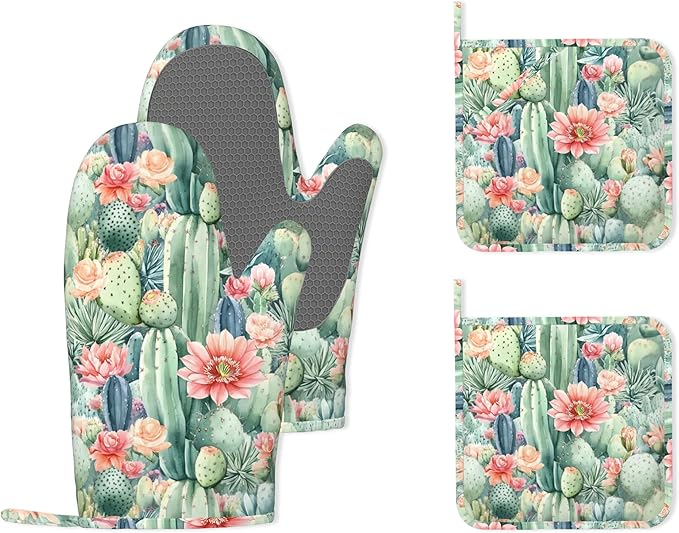 Cactus Flower Succulent Plant Heat-Resistant Silicone Oven Mitts and Pot Holder 4 Piece Set,Non-Slip Kitchen Oven Gloves for Baking, BBQ, Cooking,Grilling