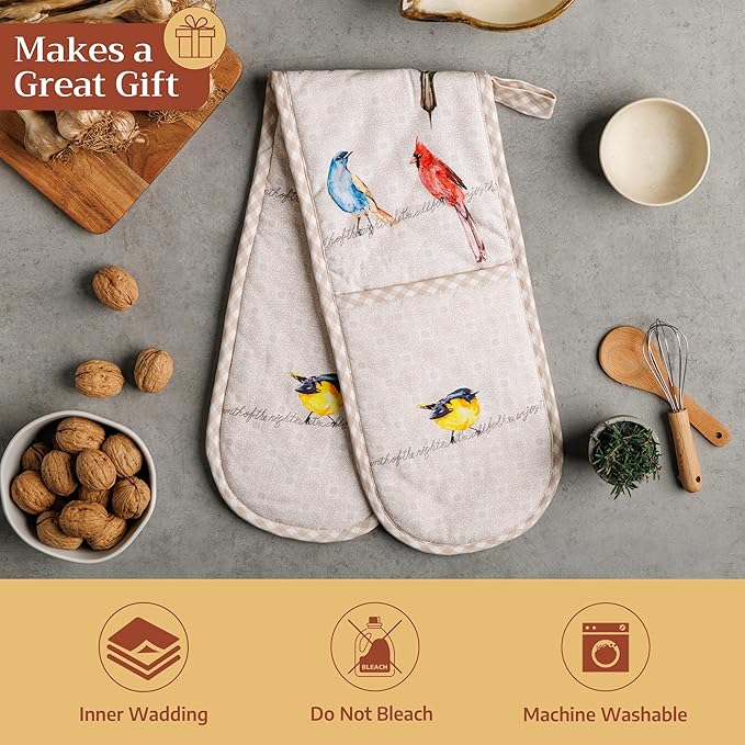 Maison d' Hermine Double Oven Mitts 100% Cotton 7"x35" Double Oven Mitt Heat Resistant BBQ Cooking Gloves with Loop Baking Grilling Gifts for Mothers Day Spring Summer (Birdies on Wire)