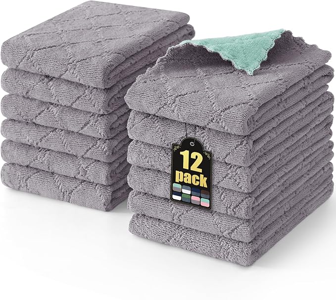Mordimy 12 Pack Kitchen Towels (20" x 10", Grey & Green), Super Soft and Absorbent Dish Towels, Coral Velvet Microfiber Cleaning Cloth, Nonstick Oil Fast Dry Dish Cloths
