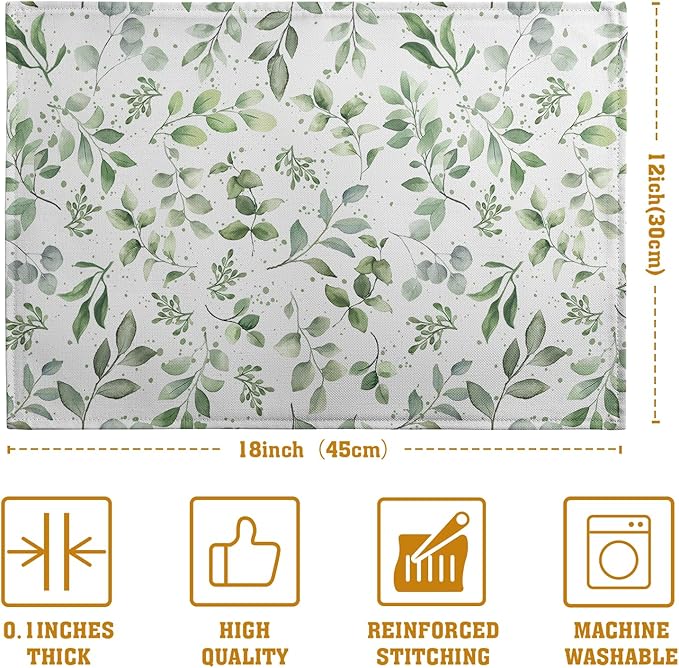 Sage Green Eucalyptus Leaves Placemats Set of 4 Spring Summer Watercolor Leaf Table Mats 12x18 Inch Seasonal Holiday Rustic Farmhouse Linen Fabric Place Mat for Kitchen Dining Decor