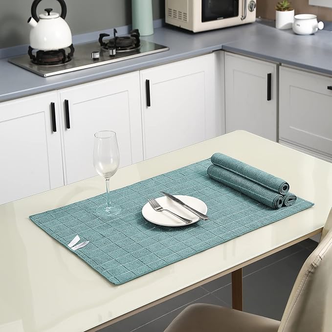 Puomue Microfiber Kitchen Towels and Dishcloths Set, 26 X 18 Inch and 12 X 12 Inch, Set of 12 Bulk Lint Free Dish Towels for Drying Dishes, Lake Blue