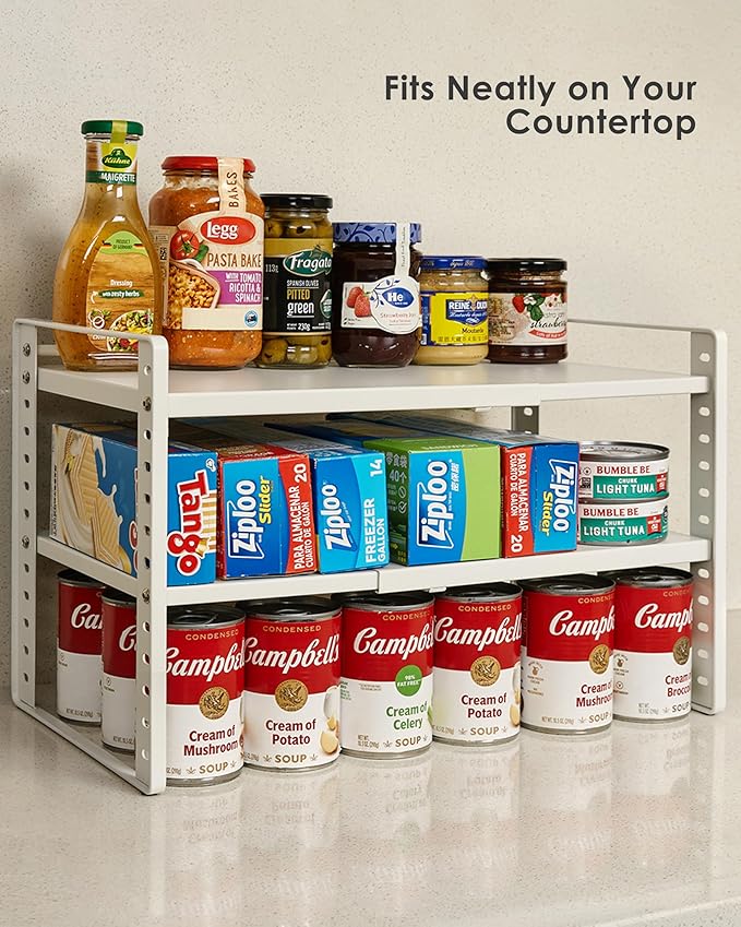Desk Organizer Shelf, 2-Tier Expandable Metal Desktop Shelves with Multiple Setup, Organizer Storage Rack for Bookshelf & Supply Storage, Space-Saving for Office, Kitchen Countertop, Cabinet, Pantry