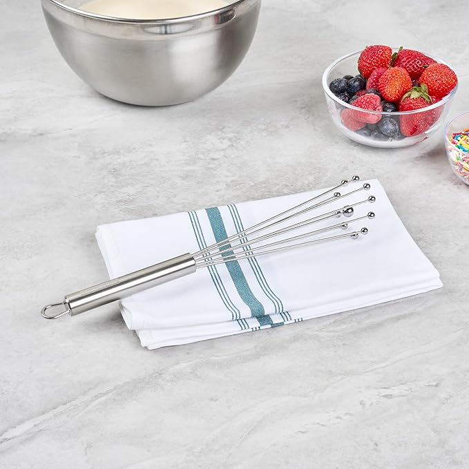Restaurantware 10.5 in Stainless Steel Ball Whisk - 6 Pack - German Standard Egg Beater with Ergonomic Handle, Dishwasher Safe - Manual Mixer Cooking Whisk for Baking, Stirring, Sauces, Beating
