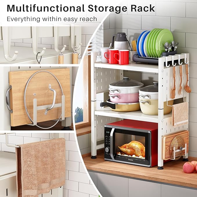 Microwave Stand, 3-Tier Expandable(17.4"-27.4") Microwave Oven Rack, Heavy Duty Adjustable Shelf with 9 hooks, Kitchen Organizer Storage Shelves for Pantry, Countertop, Coffee Bar, Office, Dorm, White