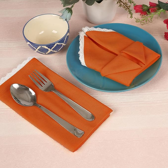 Fingercraft Dinner Cloth Napkin Cotton Linen Blend 12 Pack Mitered Corners with Elegant Lace for Everyday Use Napkins are Pre Shrunk and Good Absorbency (Rust, 20in x 20in (Set of 12)) Easter Color