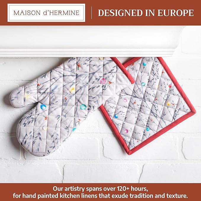 Maison d' Hermine 100% Cotton Oven Mitt & Pot Holder Set (7.5"x13" & 8"x8") Heat Resistant BBQ Cooking Gloves with Loop for Thanksgiving Christmas Decorations Handling Hot Pans (Fairy Christmas)