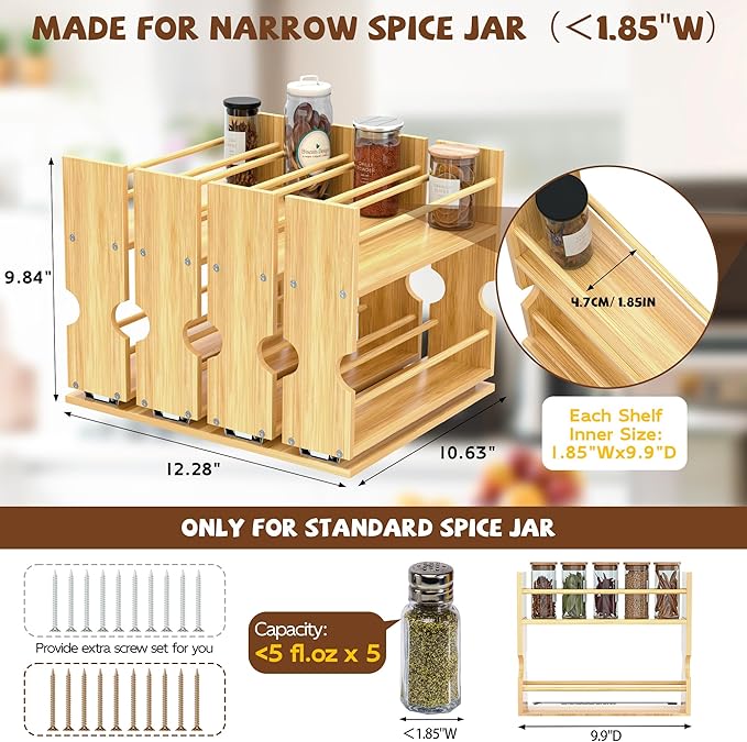 Jolitac Bamboo Pull Out Spice Rack for Cabinet, Slide Out Drawers, Space-Saving Seasoning Kitchen Pantry Sliding Vertical Organization, Easy to Install, 12.3" Wide, 4 Drawers(1.85" Wide), 2-Tier