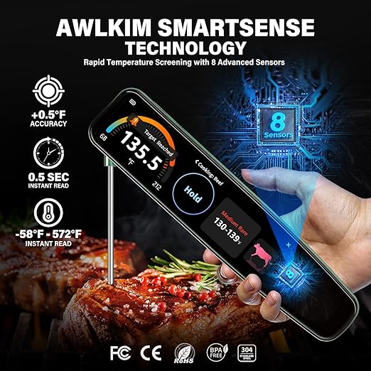 AWLKIM Instant Read Meat Thermometer Digital, 3.8" Touchscreen No App Needed – Rechargeable Waterproof Kitchen Food Thermometer Probe for Cooking, Grill, BBQ, Candy, Oil Frying, ±0.5°F