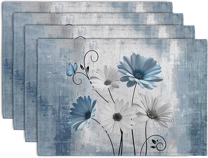 Daisy Placemats Set of 4 Blue Grey Rustic Vintage Floral Table Place Mats 12x18 Inch Seasonal Flower Spring Summer Linen Placemat for Party Kitchen Dining Outdoor Indoor Decor