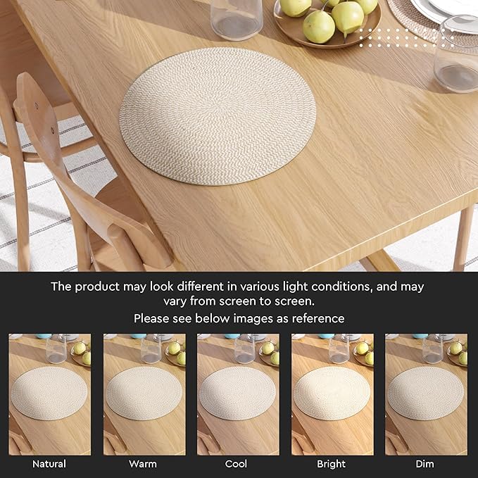 Encasa XO Dining Placemats Set of 4 | Cotton Round Table Mat - 13 in Diameter | Beige & Off White Mix | Handmade Rib Style Chargers for Dinner Plates
