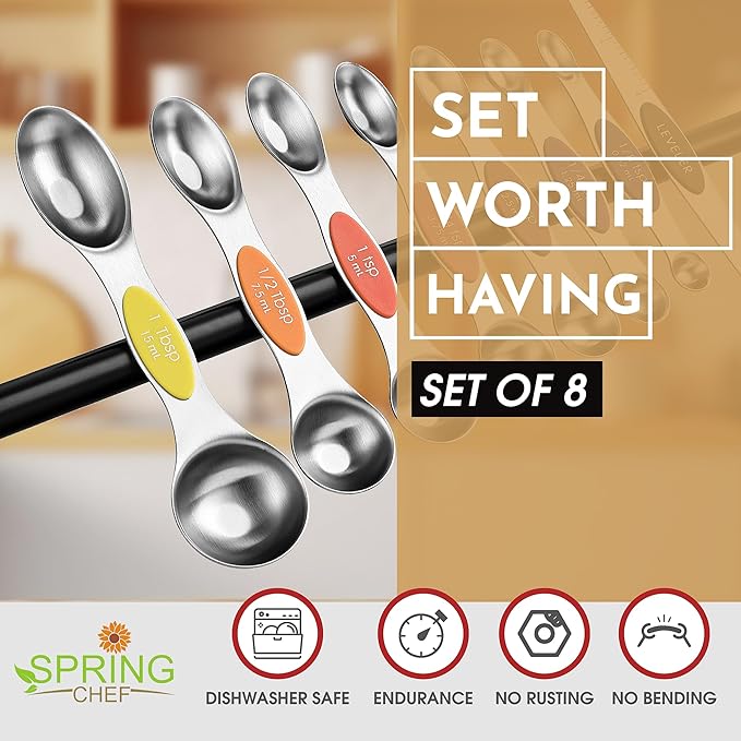 Spring Chef Stainless Steel Magnetic Measuring Spoons Set of 8 with Leveler, Nesting Teaspoon & Tablespoon Measuring Spoons, Kitchen Gadgets for Baking & Cooking, Fits in Spice Jars - Mountain Sunrise