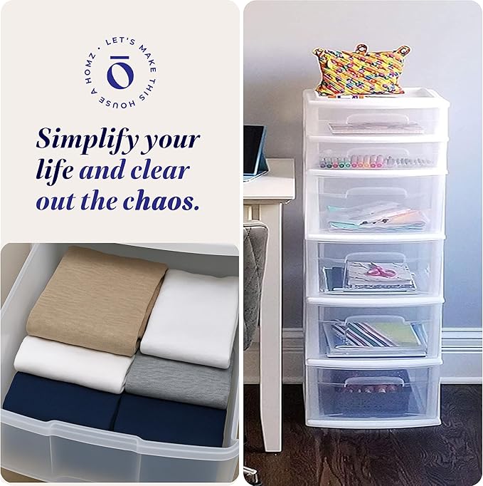 HOMZ 2-Pack Drawer Tower, 6-Tier Clear Plastic Storage Organizer Unit, White Frame - Multi-Purpose Container Drawers for Bedroom, Bathroom, and Office Organization