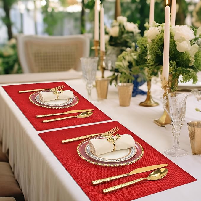 SLKQG Christmas Red Linen Fabric Placemats Set of 6, Heat Resistant & Machine Washable Double-Layered Cloth Placemats for Holiday Parties, Non-Slip Kitchen Table Mats (6, Bright Red)
