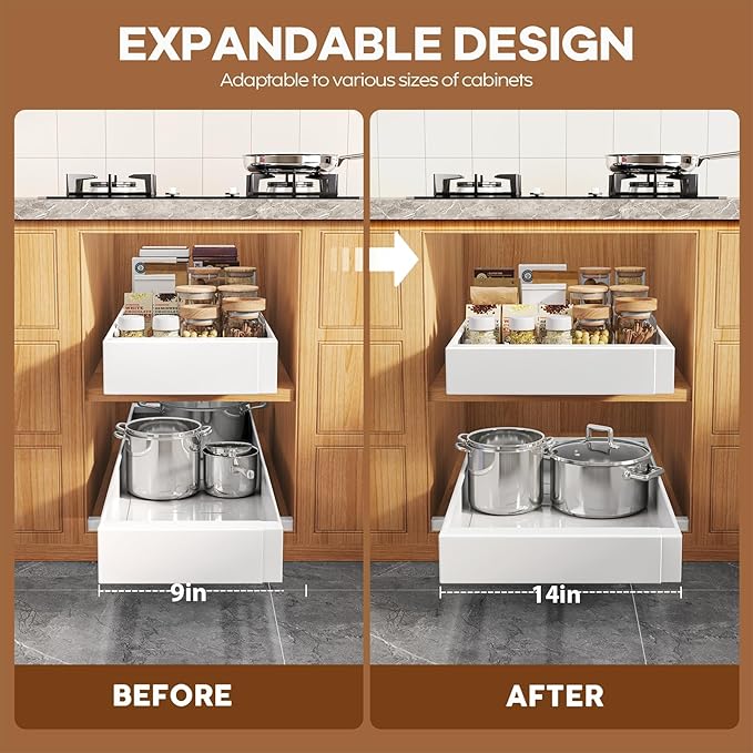 Seinloes 2 Pack Expandable (9"-14") Pull Out Cabinet Organizer 21" Deep With Raising Pad for Framed Cabinets,Upgrade 3 Slide Rails Slide Out Drawers,No Drill Roll Out Shelves Adhesive,White