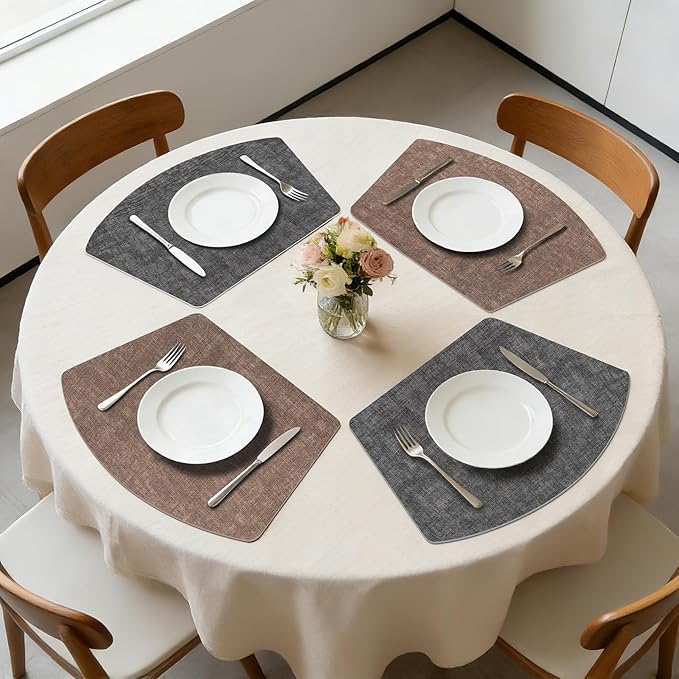 Round Table Placemats Set of 4, Dual-Sided Wedge Shape Faux Leather Table Mats, Washable Wipeable Heat Resistant Place Mats for Outdoor Indoor, Brown Gray