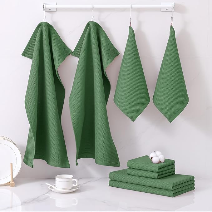 Homaxy 100% Cotton Kitchen Towels and Dishcloths Set - 8 Pack Waffle Weave Soft and Absorbent Dish Towels - 26 X 16 Inch and 12 X 12 Inch - Grass Green