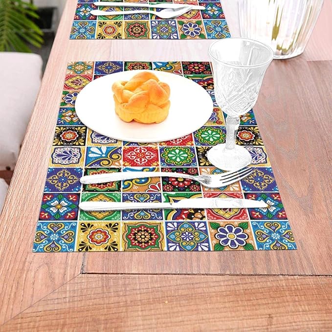 Mexican Talavera Tile Linen Placemats Set of 4, Colorful Place Mats for Dining Table, Heat-Resistant Washable Non-Slip Table Mats, Spring Easter Gifts for Festival Culture Lovers, Kitchen Home Decor