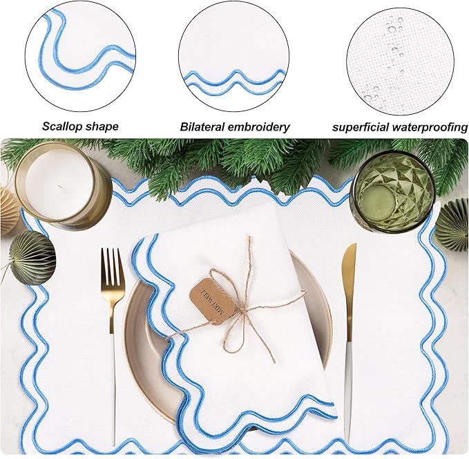 Set of 6 Cotton Linen Placemats, 13''x 19'' Wavy Embroidery Scalloped Placemats Washable Rustic Dinner Waterproof Table Mats (Blue)